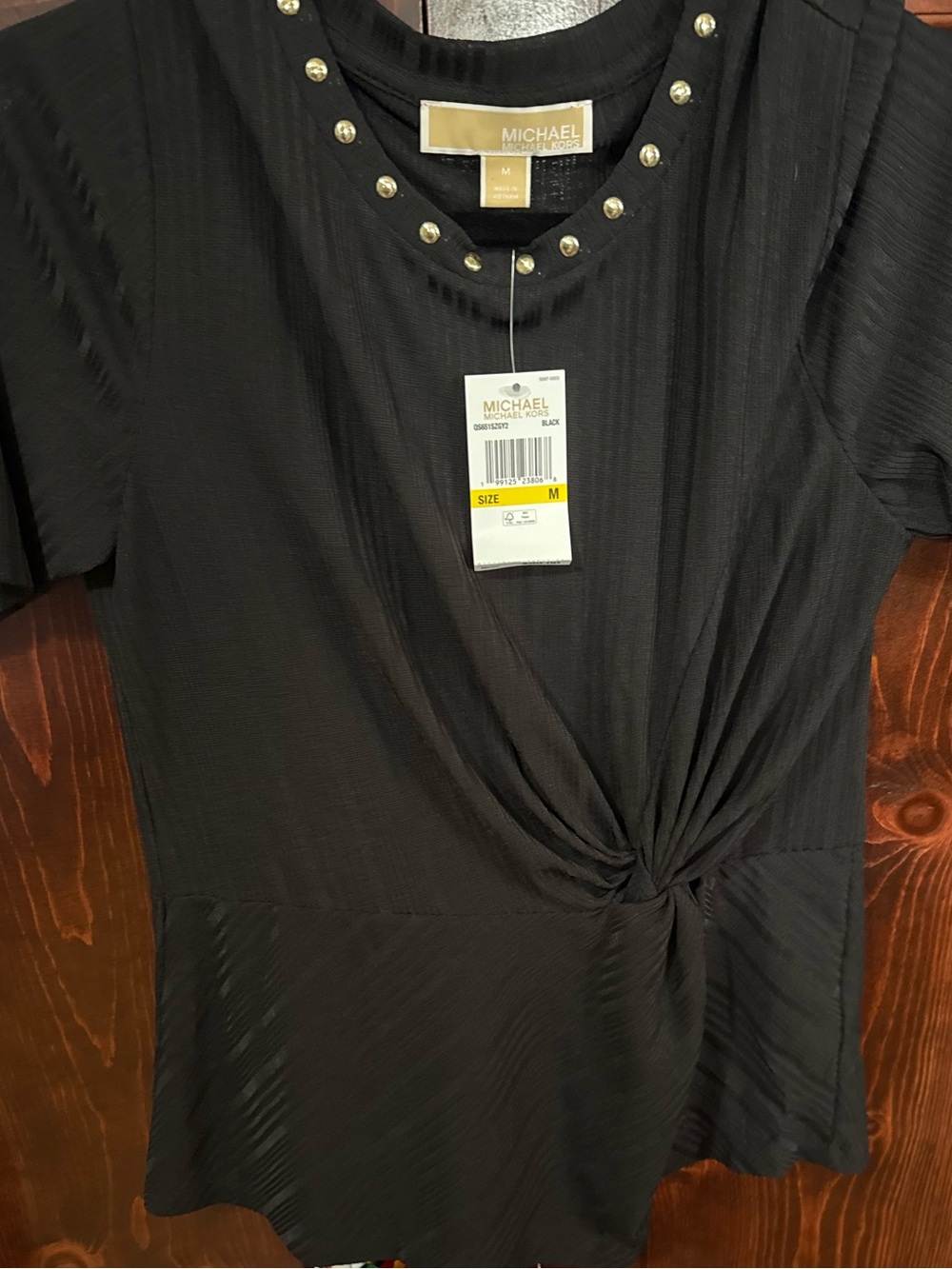 Michael Kors Black Short Sleeve Twist-Knot Top with Studded Neckline